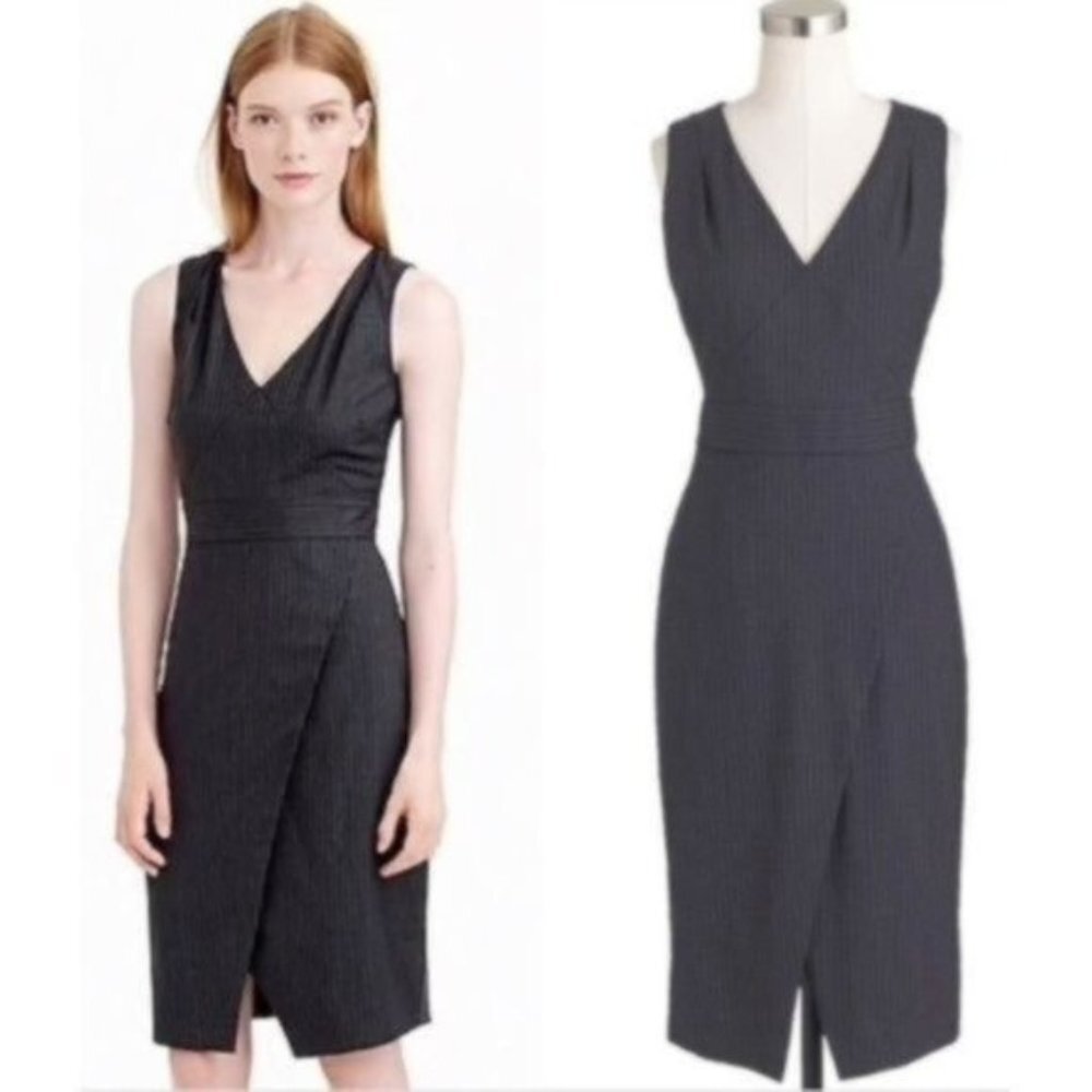 J. Crew Angie Gray Dress 100% Wool Size 4 V Neck Faux Wrap Skirt